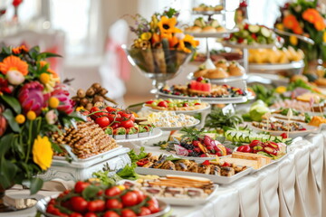 buffet foods on long table, Celebration, luxury food