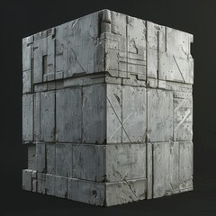 A futuristic mysterious 3D box made of stone and metal isolated on black background in the style of sci fi video games.