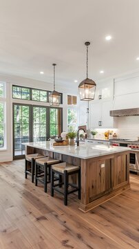 Beautiful living room and kitchen in new luxury home with white cabinets, wood beams, pendant lights and hardwood floors