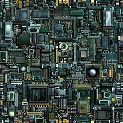 A seamless pattern of computer motherboards in a panel, futuristic technology of artificial intelligence hardware and cpu microchip.