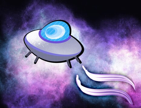 Cartoon UFO Flying Saucer Travelling Through The Galaxy