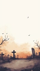 A graveyard at sunset, with crosses and tombstones silhouetted against a bright orange sky. Birds fly overhead, halloween mood, copy space
