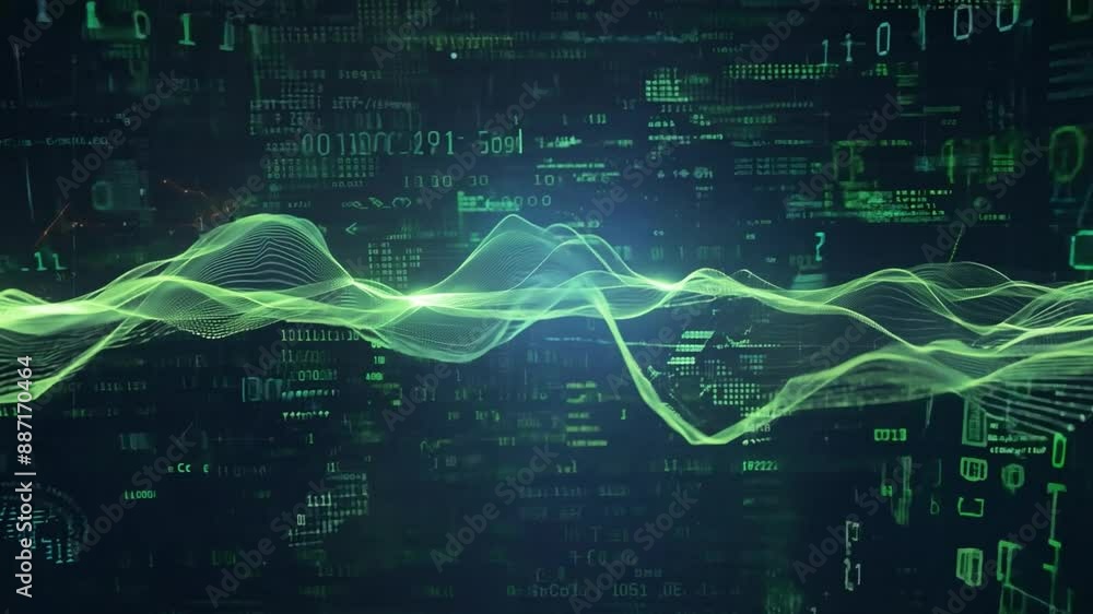 Poster a digital background with a green, abstract waveform passing over a field of green binary code.