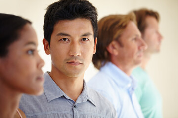 Asian man, diversity and coworker in row for teamwork or collaboration and coworking as graphic...
