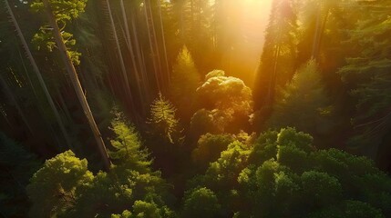 Obraz premium Aerial view of a beautiful sunlit redwood forest interior