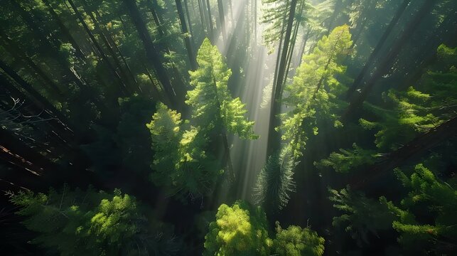 Aerial view of beautiful sunlit Redwood forest interior