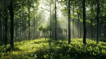 Fototapeta premium Green forest with sunlight filtering through trees