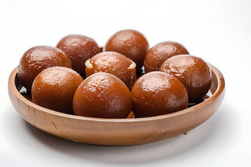 Obraz premium Board and plate of tasty Gulab Jamun with on white background.