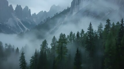 Misty coniferous forest in Dolomites