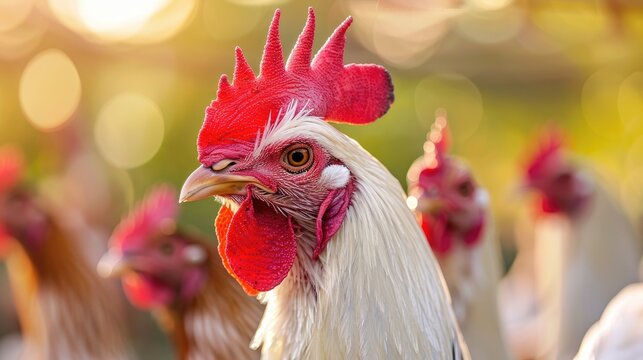 White rooster broiler with a red comb in agriculture and animal farming