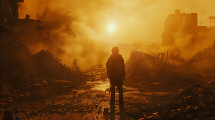 Silhouette of person amid post-apocalyptic cityscape. Burning sky, destroyed buildings, and debris-strewn streets create eerie atmosphere of devastation and survival.