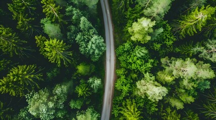 Aerial view of summer green trees and road