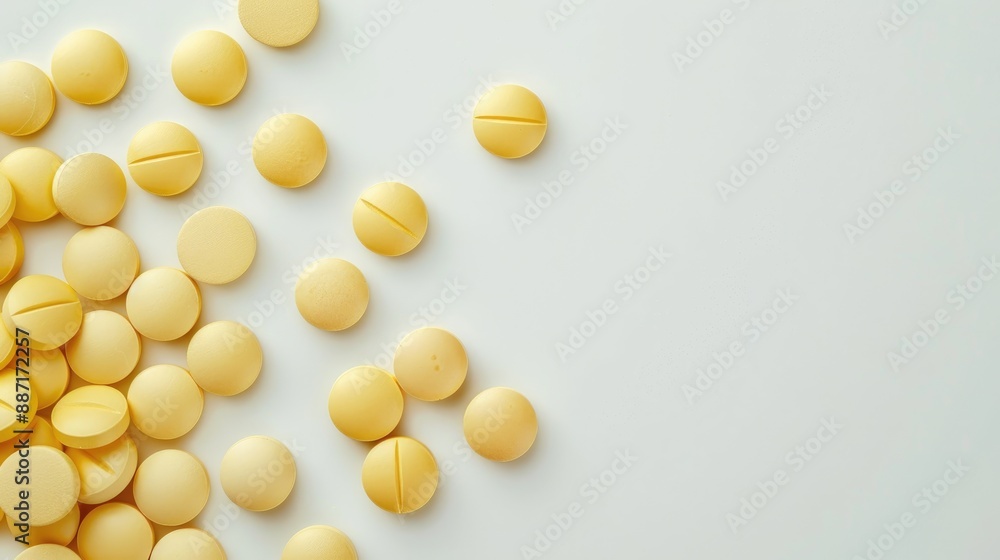 Wall mural yellow pills on white background with copy space pharmaceutical concept