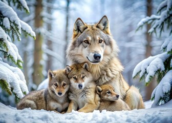 Adorable mother wolf tenderly cuddles her playful cubs in the midst of a serene snow-covered forest, surrounded by frosty trees and soft powdery snow.