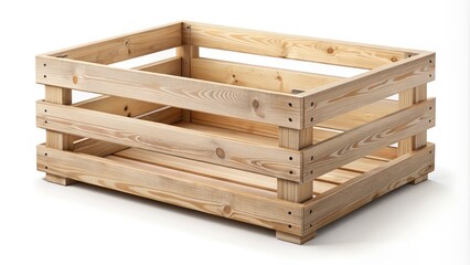 Isolated illustration of empty wooden crate box with clean lines and rustic texture on a pure white background, ideal for graphic design and artwork compositions.