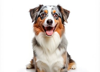 Adorable Australian Shepherd dog with a bright smile and open mouth, sitting straight on a white background, looking directly at the camera with endearing eyes.