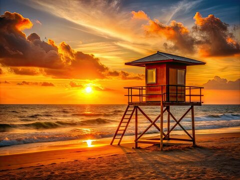 Warm orange hues illuminate a solitary lifeguard tower standing tall on a serene beach, casting a long shadow as the sun dips into the ocean.