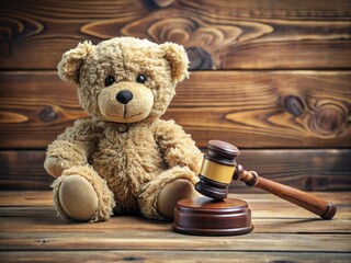 A cuddly teddy bear sits on a rustic wooden desk beside a judge's gavel, symbolizing emotional support amidst complex family law proceedings.