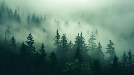Tree silhouettes in dark green foggy forest