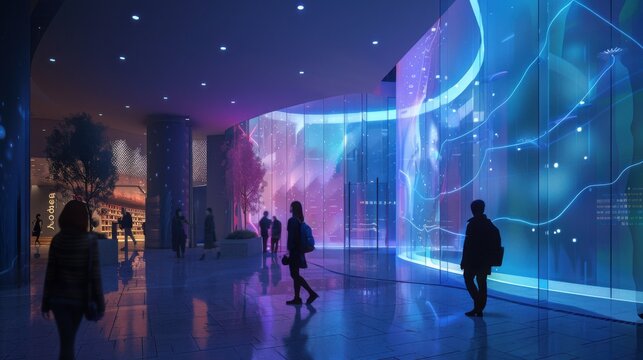 A group of people walk through a brightly lit, colorful room with a large
