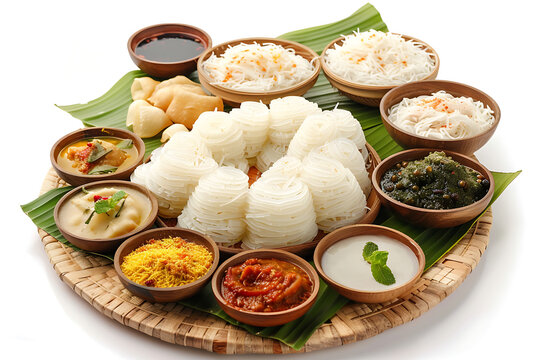Board and plate of tasty Idiyappam with on white background.