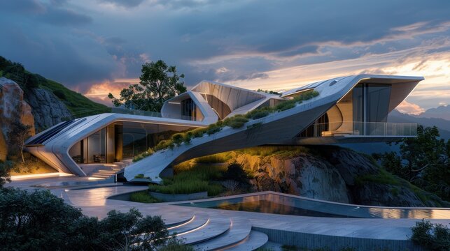 A house with a large pool and a garden on the roof