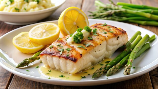 Freshly grilled mahi-mahi fish served with flavorful lemon butter sauce, garlic mashed potatoes, and steamed asparagus on a elegant white plate.