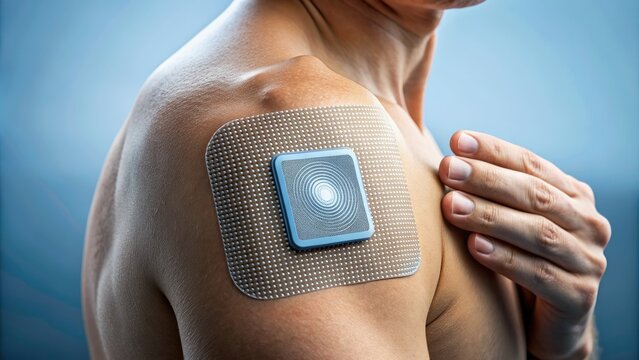 Advanced pain management patch with microchip and sensor technology provides controlled release of medication through intelligent dosing and monitoring system in modern design.