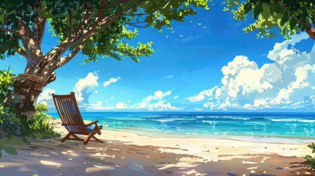 Beach relaxation under a shaded chair with a view of the blue sky and sea