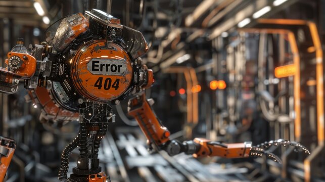 An orange and black industrial robot with a Error 404 display is shown working in a factory setting, copy space