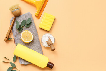 Composition with natural products and supplies for cleaning on color background