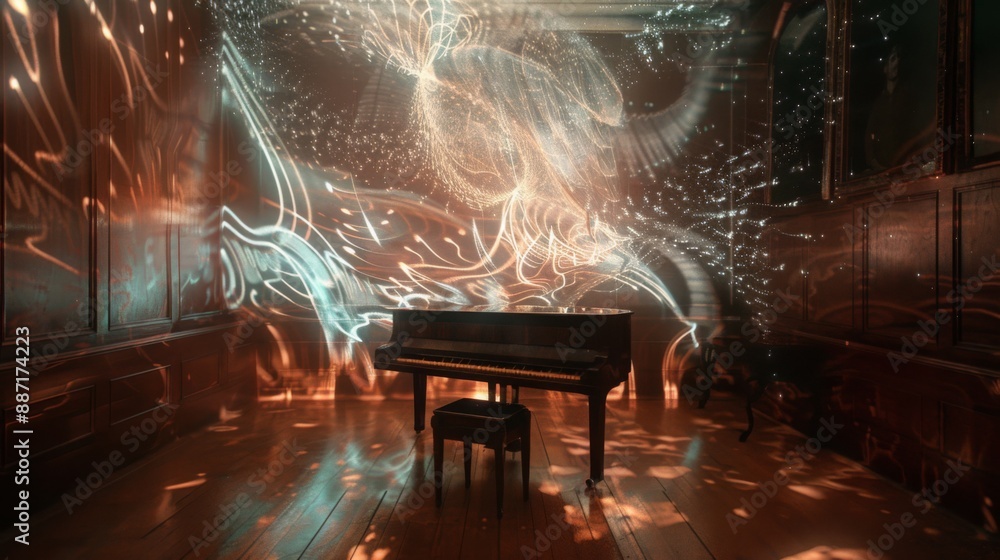 Poster A grand piano sits in a room illuminated with colorful light projections on the walls and floor.