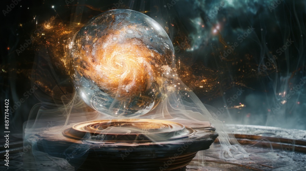 Poster a crystal sphere containing a swirling galaxy sits on a circular platform, surrounded by wispy smoke