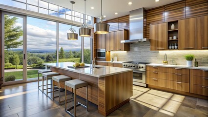 Contemporary kitchen interior with sleek wooden cabinets, stainless steel appliances, and quartz countertops, illuminated by natural light pouring through large floor-to-ceiling windows.