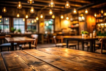 Warmly lit empty old wooden table on a blurred rustic cafe interior background, evoking a cozy evening ambiance, perfect for culinary or lifestyle promotions.