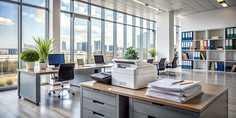 Modern corporate office space with a multifunction laser printer on a desk, surrounded by important documents, highlighting ink and toner supplies in professional use.
