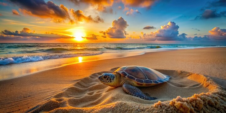 "Vibrant sunset at coastal dunes, sea turtle emerging from nest on sandy beach, warm light casting long shadows, serene ocean waves in the background."