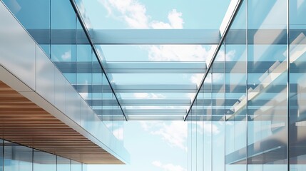 Fototapeta premium Building wall with sky view and open roof, modern architecture with metal elements, building with transparent ceiling. Modern house, office, banner.3D render 
