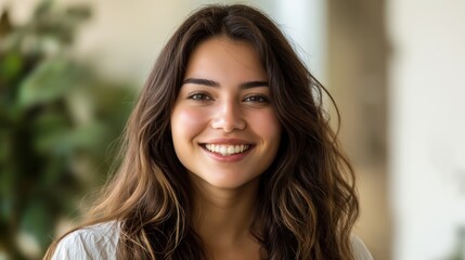 Beautiful Smiling Young Woman with Long Dark Hair, Natural Light, Outdoor Setting, Diverse Model for Print, Poster, Card Design