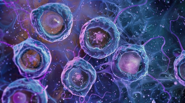 Fetal ovary Oocyte meiosis Micrograph showing several oocytes in zygotene stage left with chromosomes in bouquets and pachytene stage right with chromosomes appearing as thick strands