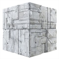 A futuristic mysterious 3D box made of stone and metal isolated on white background in the style of sci fi video games.