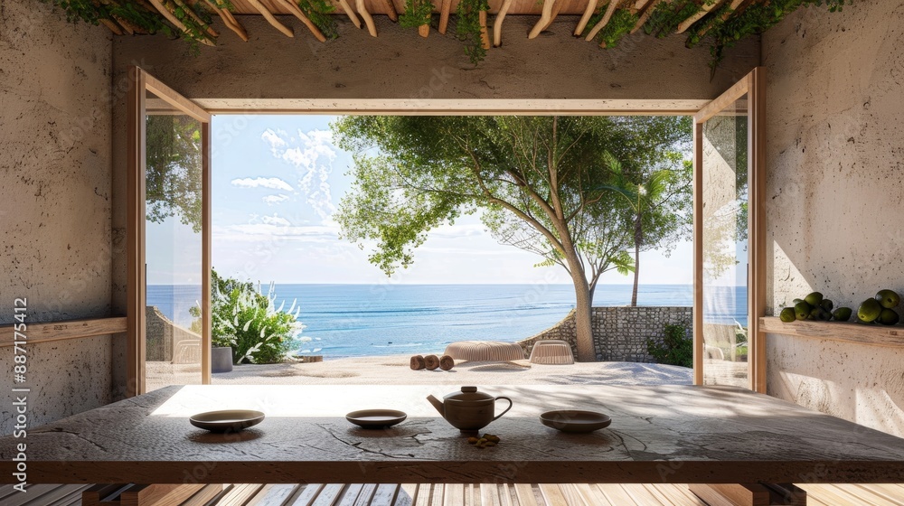 Poster a table with open space and a view through a window