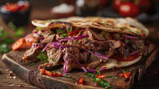 Doner Kebab Doner Kebap fast food snack in flatbread on a wooden board