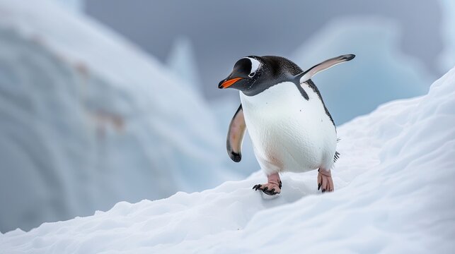 Mono gentoo penguin crosses slope turning head