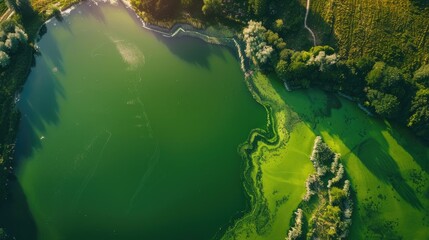 Aerial perspective of reservoir with green water and sludge visible in sunlight