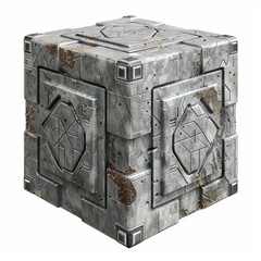 A futuristic mysterious 3D box made of stone and metal isolated on white background in the style of sci fi video games.