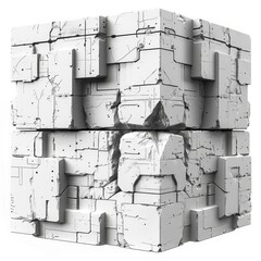 A futuristic mysterious 3D box made of stone and metal isolated on white background in the style of sci fi video games.