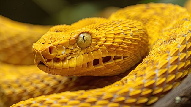 Bothrops insularis snake known as the Golden lancehead Close up view