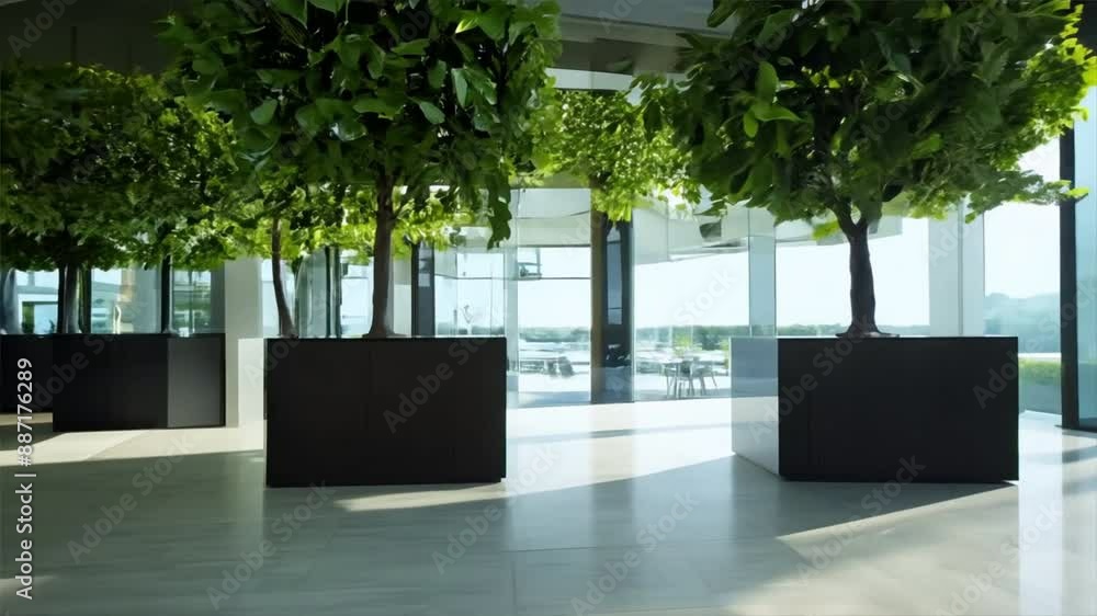 Poster reception area with a modern design and a couple of elegant trees in pots, providing a fresh and inv