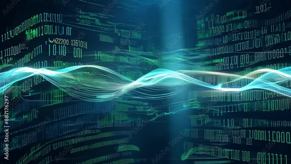 Poster glowing, abstract digital data flows across a dark blue background, represented by a light blue wave